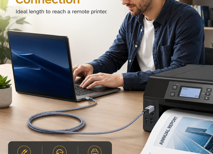 Câble d’Imprimante USB 2.0 Haute Vitesse – USB Type A vers Type B – Longueurs 6Ft à 100Ft (2M à 30M) – Tressé Nylon, Connecteurs Dorés, Blindage Supérieur – Compatible PC, Mac, Chromebook, Imprimante, Scanner, Clavier MIDI, Amplificateur – Gris