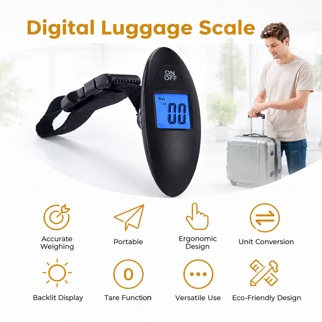 Balance de Voyage Portative 40kg – Pèse-bagage Numérique Haute Précision (Précision 10g) – Écran LCD Rétroéclairé Bleu – Sangle de pesée – Design Compact (60g) – Certifiée CE – Modèle DZC-09