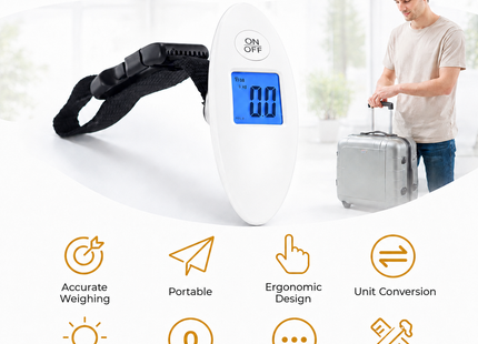 Balance de Voyage Portative 40kg – Pèse-bagage Numérique Haute Précision (Précision 10g) – Écran LCD Rétroéclairé Bleu – Sangle de pesée – Design Compact (60g) – Certifiée CE – Modèle DZC-09