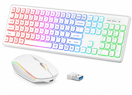 Combo Clavier et Souris Sans Fil RGB Rechargeable – Rétroéclairage Arc-en-Ciel – Touches Rétroéclairées – Ergonomique – 2,4 GHz – Batterie Intégrée – 108 Touches – DPI Réglable (1000/1500/2000) – Compatible Windows, Linux, Chrome, Mac