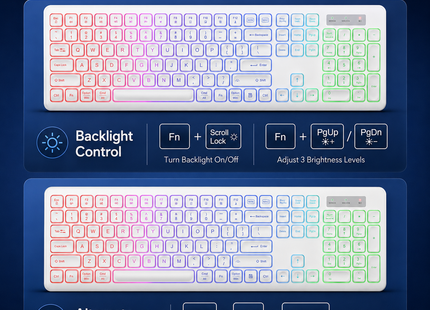 Combo Clavier et Souris Sans Fil RGB Rechargeable – Rétroéclairage Arc-en-Ciel – Touches Rétroéclairées – Ergonomique – 2,4 GHz – Batterie Intégrée – 108 Touches – DPI Réglable (1000/1500/2000) – Compatible Windows, Linux, Chrome, Mac