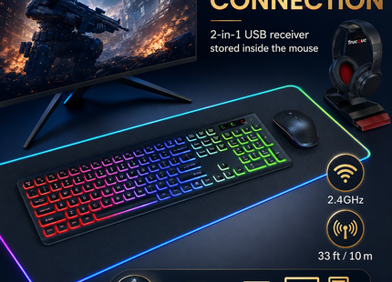 Combo Clavier et Souris Sans Fil RGB Rechargeable – Rétroéclairage Arc-en-Ciel – Touches Rétroéclairées – Ergonomique – 2,4 GHz – Batterie Intégrée – 108 Touches – DPI Réglable (1000/1500/2000) – Compatible Windows, Linux, Chrome, Mac