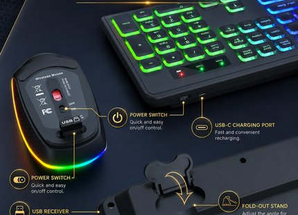 Combo Clavier et Souris Sans Fil RGB Rechargeable – Rétroéclairage Arc-en-Ciel – Touches Rétroéclairées – Ergonomique – 2,4 GHz – Batterie Intégrée – 108 Touches – DPI Réglable (1000/1500/2000) – Compatible Windows, Linux, Chrome, Mac