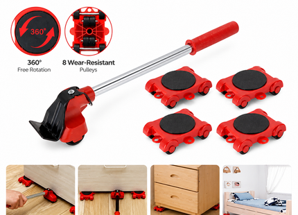 Lot de 5 Pièces Roulettes Déplace-Meubles Lourdes – Dispositif à Galets pour Transport Facile – Support de Charge 300 kg (4 pièces) – Patin Amortisseur 360° – Pour Armoires, Canapés, Réfrigérateurs, Machines à Laver