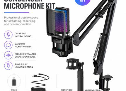 Microphone USB à Condensateur avec Bras Articulé – RGB Recording – Tripod Inclus – Pour Gaming, Podcasting, Streaming, YouTube – Compatible PC, Mac, PS4/PS5, Type-C – Certification CE/FCC/RoHS