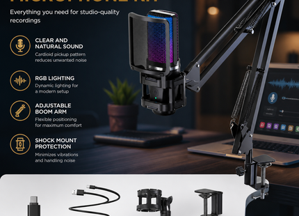 Microphone USB à Condensateur avec Bras Articulé – RGB Recording – Tripod Inclus – Pour Gaming, Podcasting, Streaming, YouTube – Compatible PC, Mac, PS4/PS5, Type-C – Certification CE/FCC/RoHS