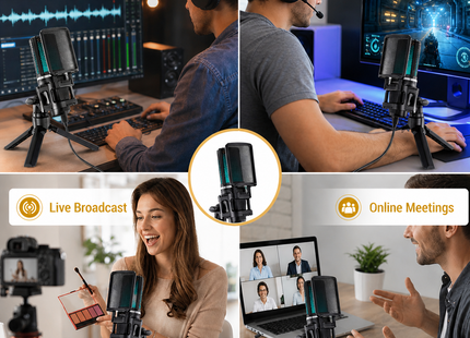 Microphone USB à Condensateur avec Bras Articulé – RGB Recording – Tripod Inclus – Pour Gaming, Podcasting, Streaming, YouTube – Compatible PC, Mac, PS4/PS5, Type-C – Certification CE/FCC/RoHS