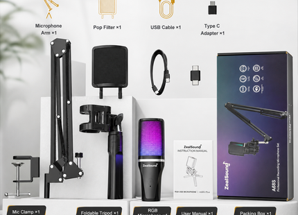 Microphone USB à Condensateur avec Bras Articulé – RGB Recording – Tripod Inclus – Pour Gaming, Podcasting, Streaming, YouTube – Compatible PC, Mac, PS4/PS5, Type-C – Certification CE/FCC/RoHS
