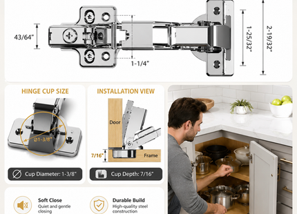 Lot de 2 Charnières d’Armoire à Fermeture Douce 165° – Lazy Susan – Matériel Multi-Pivot Dissimulé – Conception 4D Ajustable – Plaque à Clip Incluse – Pour Armoire Sans Cadre d’Angle – Finition Nickel – Chibery