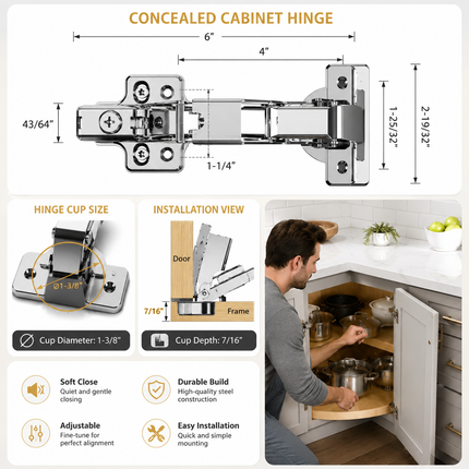 Lot de 2 Charnières d’Armoire à Fermeture Douce 165° – Lazy Susan – Matériel Multi-Pivot Dissimulé – Conception 4D Ajustable – Plaque à Clip Incluse – Pour Armoire Sans Cadre d’Angle – Finition Nickel – Chibery