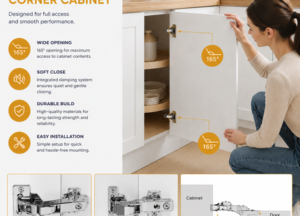 Lot de 2 Charnières d’Armoire à Fermeture Douce 165° – Lazy Susan – Matériel Multi-Pivot Dissimulé – Conception 4D Ajustable – Plaque à Clip Incluse – Pour Armoire Sans Cadre d’Angle – Finition Nickel – Chibery