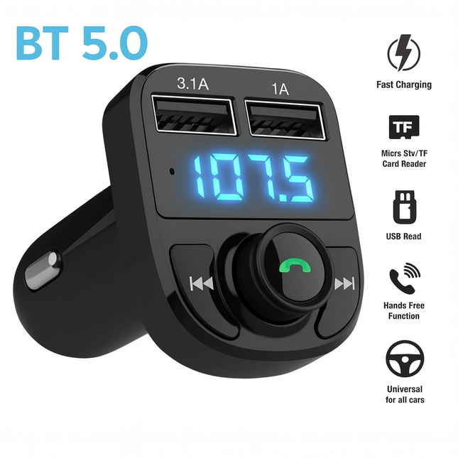 Émetteur FM Bluetooth 5.0 Voiture - Double USB 3.1A - Charge Rapide - Affichage Numérique - Kit Mains-Libres