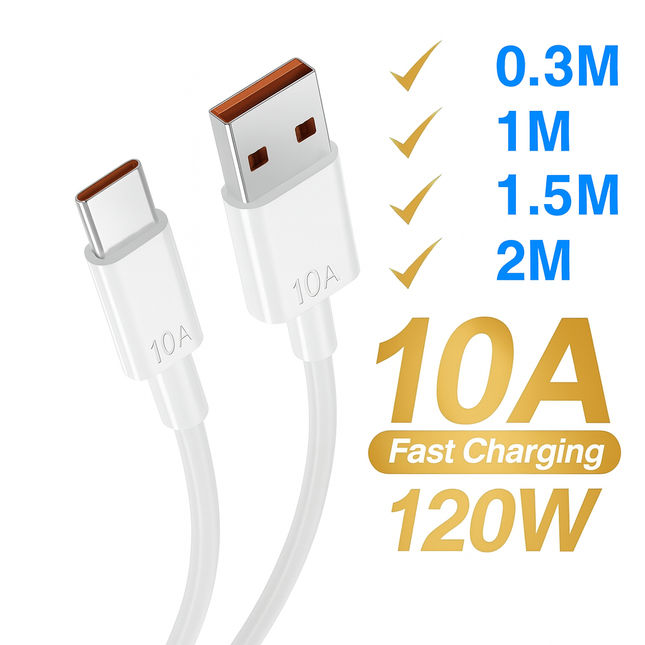 Câble de Charge Rapide USB-C 120W 10A - Cordon Universel pour Huawei, Xiaomi, Honor - 0.3M à 2M