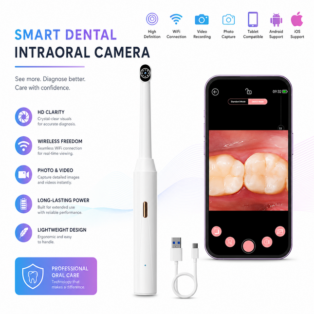 Caméra Intra-orale Portative WiFi – Endoscope Dentaire HD 1080p avec 8 LEDs – Compatible Smartphone – Capture Photo et Vidéo – Batterie 250 mAh – Pour Adultes, Enfants et Seniors