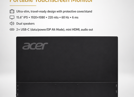 Moniteur Portable Tactile Acer 15,6 Pouces Full HD – Écran IPS Ultra-Mince 0,5″ – Poids 2,73 lb – Housse de Protection avec Support – 2 Ports USB-C, Mini HDMI – Compatible VESA – Adaptive-Sync – Garantie Fabricant 2 Ans
