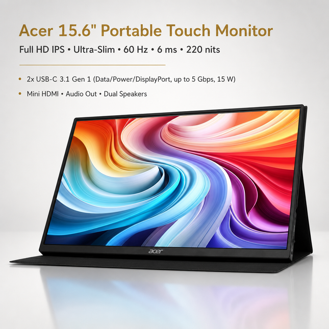 Moniteur Portable Tactile Acer 15,6 Pouces Full HD – Écran IPS Ultra-Mince 0,5″ – Poids 2,73 lb – Housse de Protection avec Support – 2 Ports USB-C, Mini HDMI – Compatible VESA – Adaptive-Sync – Garantie Fabricant 2 Ans