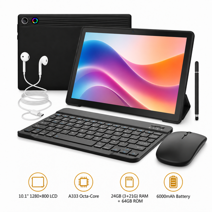 10.1-inch Android 16 Tablet – 24GB RAM (3+21) + 64GB ROM – Octa Core – 1280x800 LCD Screen – 6000 mAh Battery – 5MP / 8MP AF Camera – TF Support up to 1TB – Type-C – Complete bundle with keyboard, mouse, case, and stylus
