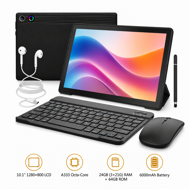 Tablette 10,1 pouces Android 16 – 24 Go RAM (3+21) + 64 Go ROM – Octa Core – Écran LCD 1280x800 – Batterie 6000 mAh – Caméra 5 MP / 8 MP AF – Support TF jusqu'à 1 To – Type-C – Pack complet avec clavier, souris, étui et stylet