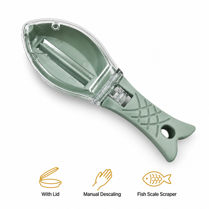 Grattoir à Écailles de Poisson Manuel avec Couvercle – Élimination des Écailles et Brossage – Outil de Cuisine et de Pêche – Matériau ABS Durable – Coloris Vert