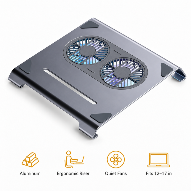 Support pour Ordinateur Portable en Aluminium – Ventilateur Silencieux Intégré – Support Ergonimique pour Notebook 12 à 17 pouces – Design Compact et Léger – Coloris Gris