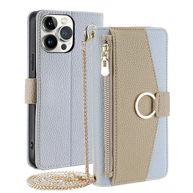 Pochette Bandoulière Zip Cuir PU avec Miroir | Pour iPhone 16 Pro Max 16E 15 Plus 14 13 12 11 X XR | Étui Portefeuille Flip et Dragonne Longue