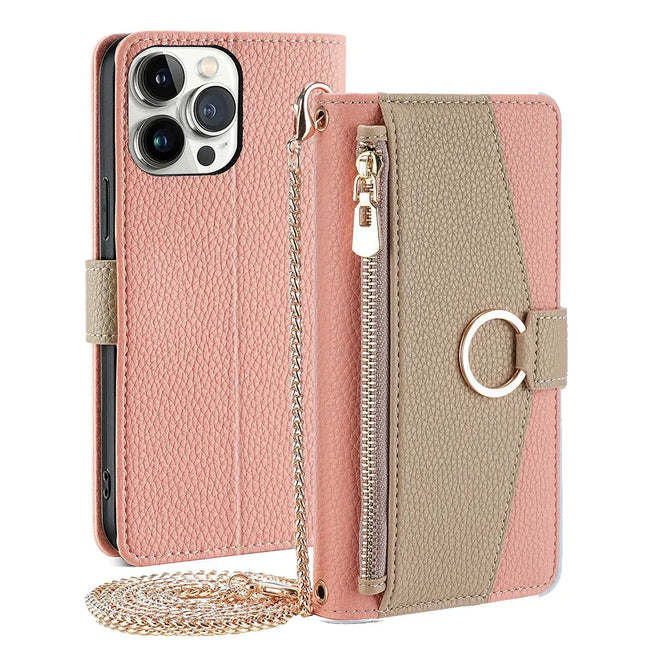 Pochette Bandoulière Zip Cuir PU avec Miroir | Pour iPhone 16 Pro Max 16E 15 Plus 14 13 12 11 X XR | Étui Portefeuille Flip et Dragonne Longue