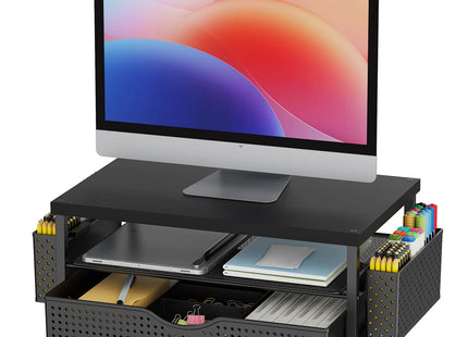 Support de Moniteur Ergonomique à Hauteur Réglable – Organisateur de Bureau 2 Niveaux avec Tiroir et 2 Porte-Stylos – Rehausseur d’Écran pour Ordinateur Portable 10″-20″ – Design Gain de Place – Métal Robust – Pour Bureau, Maison, Étude