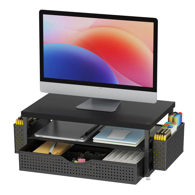 Support de Moniteur Ergonomique à Hauteur Réglable – Organisateur de Bureau 2 Niveaux avec Tiroir et 2 Porte-Stylos – Rehausseur d’Écran pour Ordinateur Portable 10″-20″ – Design Gain de Place – Métal Robust – Pour Bureau, Maison, Étude