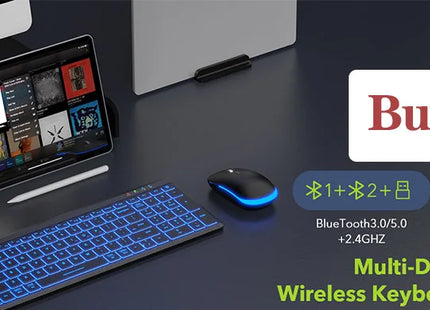 Clavier et Souris Sans Fil Rétroéclairés – Ensemble Slim 2.4G USB Rechargeable, Silencieux, Plein Format avec Pavé Numérique pour PC, Ordinateur Portable et Tablette