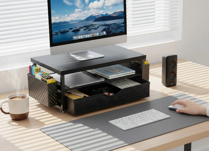 Support de Moniteur Ergonomique à Hauteur Réglable – Organisateur de Bureau 2 Niveaux avec Tiroir et 2 Porte-Stylos – Rehausseur d’Écran pour Ordinateur Portable 10″-20″ – Design Gain de Place – Métal Robust – Pour Bureau, Maison, Étude