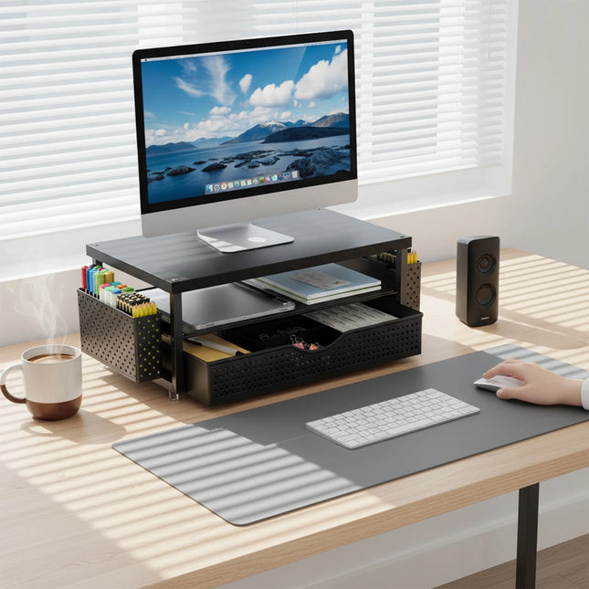 Support de Moniteur Ergonomique à Hauteur Réglable – Organisateur de Bureau 2 Niveaux avec Tiroir et 2 Porte-Stylos – Rehausseur d’Écran pour Ordinateur Portable 10″-20″ – Design Gain de Place – Métal Robust – Pour Bureau, Maison, Étude