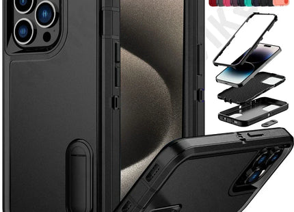 3-Layer Military-Grade Shockproof Case with Kickstand | For iPhone 17 Pro Max, 16, 15, 14, 13, 12, 11 Pro Max Plus, etc. | Heavy-Duty PC + TPU Protection