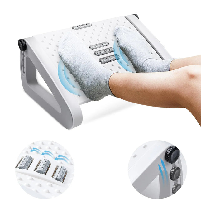 Repose-Pieds Ergonomique sous le Bureau – Avec Rouleaux de Massage – Repose-Jambes pour Soulager la Douleur – Hauteur Réglable – Design Moderne – Idéal pour le Travail à Domicile ou au Bureau – Plastique Durable – Assemblage Simple