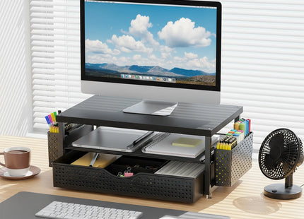 Support de Moniteur Ergonomique à Hauteur Réglable – Organisateur de Bureau 2 Niveaux avec Tiroir et 2 Porte-Stylos – Rehausseur d’Écran pour Ordinateur Portable 10″-20″ – Design Gain de Place – Métal Robust – Pour Bureau, Maison, Étude