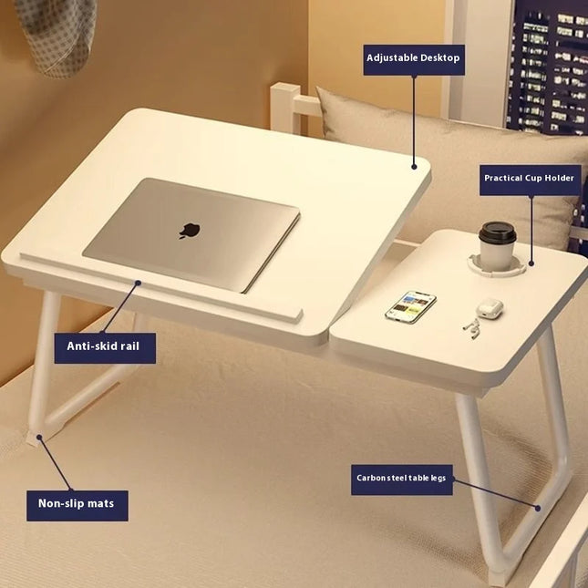 Table Ergonomique Pliable – Lit Intégré – Bureau Paresseux pour Ordinateur Portable – Hauteur Réglable – Polyvalent – Forme en L – Bois Massif – Poids 2,1 kg – Coloris Noir, Blanc, Bois – Moderne et Compact