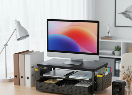Support de Moniteur Ergonomique à Hauteur Réglable – Organisateur de Bureau 2 Niveaux avec Tiroir et 2 Porte-Stylos – Rehausseur d’Écran pour Ordinateur Portable 10″-20″ – Design Gain de Place – Métal Robust – Pour Bureau, Maison, Étude