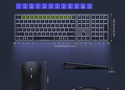 Clavier et Souris Sans Fil Rétroéclairés – Ensemble Slim 2.4G USB Rechargeable, Silencieux, Plein Format avec Pavé Numérique pour PC, Ordinateur Portable et Tablette