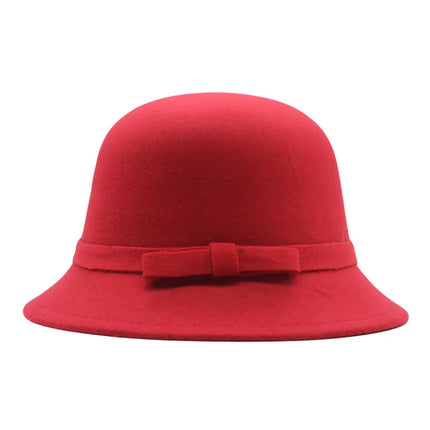 Women's Vintage Fedora Hat – Solid Bucket Cap – Felt Wool Bow – Winter and Autumn Hat – Felt Dome – Wedding, Church, Jazz – Bowler – Black, Wine Red, Khaki – Size 56-58 cm
