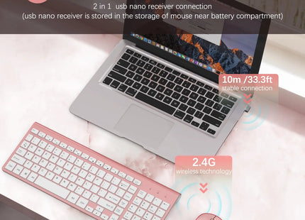 Clavier et Souris Sans Fil 2.4G – Ensemble Portable Full Size avec Pavé Numérique et Souris 2400 DPI – Design Ergonomique Rose pour PC, Ordinateur, Laptop et Gaming
