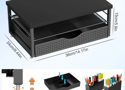 Support de Moniteur Ergonomique à Hauteur Réglable – Organisateur de Bureau 2 Niveaux avec Tiroir et 2 Porte-Stylos – Rehausseur d’Écran pour Ordinateur Portable 10″-20″ – Design Gain de Place – Métal Robust – Pour Bureau, Maison, Étude