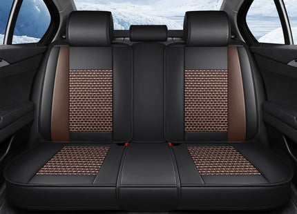Housses de Siège de Voiture 5 Places Premium – Cuir PU – Tissu en Soie Glacée – Couverture Complète – Appui-Tête Fendu – Antidérapant – Durable – Ajustement Universel – 95% des Voitures