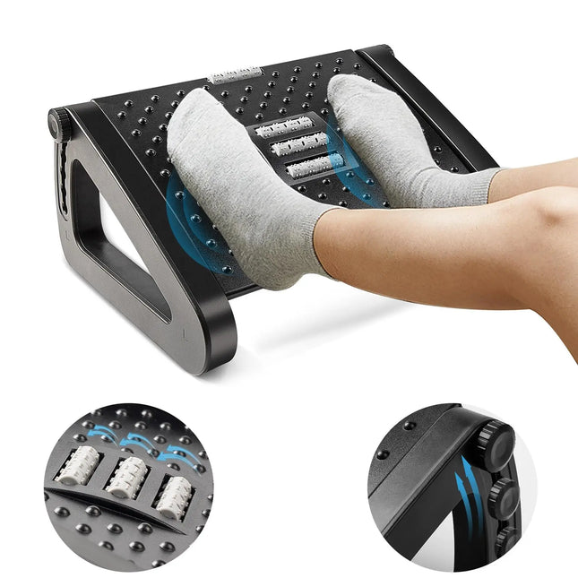 Repose-Pieds Ergonomique sous le Bureau – Avec Rouleaux de Massage – Repose-Jambes pour Soulager la Douleur – Hauteur Réglable – Design Moderne – Idéal pour le Travail à Domicile ou au Bureau – Plastique Durable – Assemblage Simple