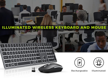 Clavier et Souris Sans Fil Rétroéclairés – Ensemble Slim 2.4G USB Rechargeable, Silencieux, Plein Format avec Pavé Numérique pour PC, Ordinateur Portable et Tablette