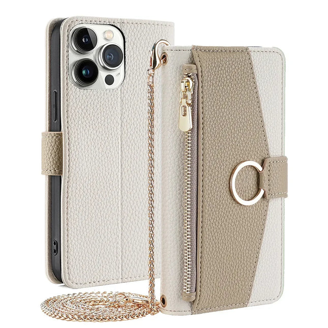 Pochette Bandoulière Zip Cuir PU avec Miroir | Pour iPhone 16 Pro Max 16E 15 Plus 14 13 12 11 X XR | Étui Portefeuille Flip et Dragonne Longue