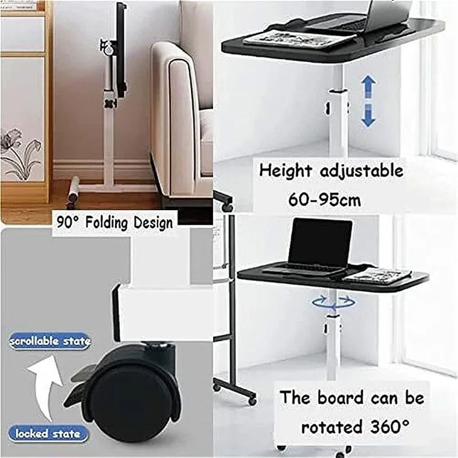 Bureau de Chevet pour Ordinateur Portable – Table Inclinable avec Tiroirs – Plateau Rotatif 360° – Hauteur Réglable 65-95 cm – 4 Roues Verrouillables – Pliable – Cadre Acier Robuste – Charge 11 kg – Bureau d’Appoint pour Lit, Canapé, Salon