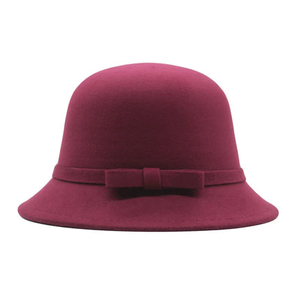 Women's Vintage Fedora Hat – Solid Bucket Cap – Felt Wool Bow – Winter and Autumn Hat – Felt Dome – Wedding, Church, Jazz – Bowler – Black, Wine Red, Khaki – Size 56-58 cm