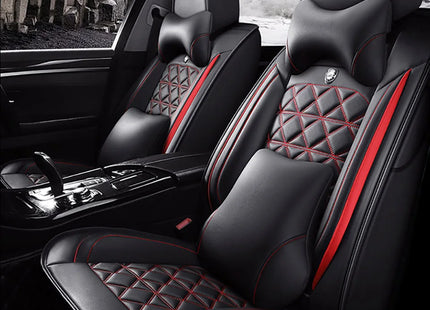 Housse de Siège de Voiture 5 Places Universelle – Pour la Plupart des Sièges de Voiture – Éponge et Cuir Artificiel – Rembourrage Mousse à Mémoire de Forme – Imperméable – Toutes Saisons – Rangement et Organisation – Protection Complète