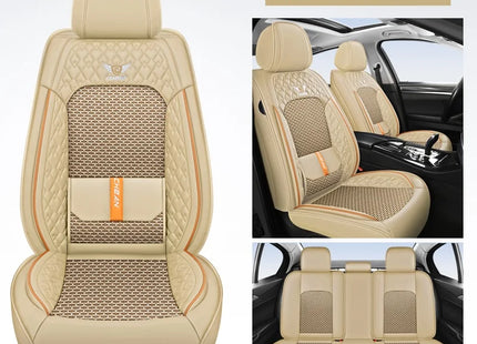Housse de Siège de Voiture 5 Places – Nouveau Support Lombaire Fixe – Cuir Nappa Soie Glacée – Universel Quatre Saisons – Adapté à la Plupart des Voitures – Mousse PE Rembourrée