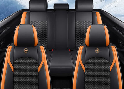 Housses de Siège de Voiture 5 Places Premium – Cuir PU – Tissu en Soie Glacée – Couverture Complète – Appui-Tête Fendu – Antidérapant – Durable – Ajustement Universel – 95% des Voitures