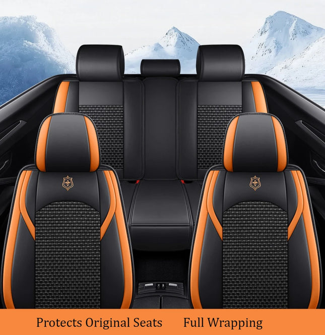 Housses de Siège de Voiture 5 Places Premium – Cuir PU – Tissu en Soie Glacée – Couverture Complète – Appui-Tête Fendu – Antidérapant – Durable – Ajustement Universel – 95% des Voitures